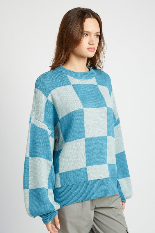 CHECKERED SWEATER WITH BUBBLE SLEEVES - Oh So Boujie
