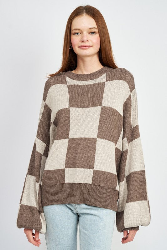 CHECKERED SWEATER WITH BUBBLE SLEEVES - Oh So Boujie