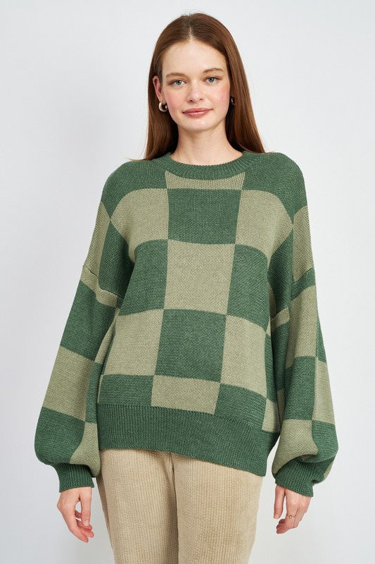 CHECKERED SWEATER WITH BUBBLE SLEEVES - Oh So Boujie