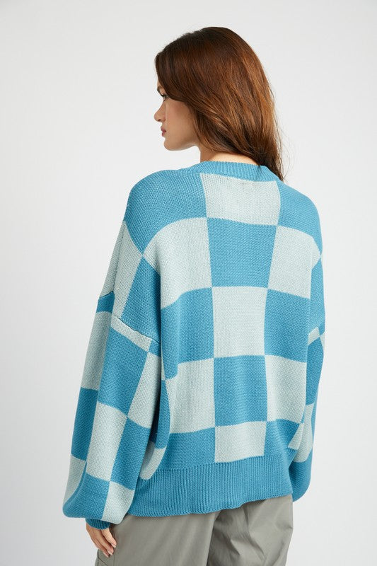 CHECKERED SWEATER WITH BUBBLE SLEEVES - Oh So Boujie