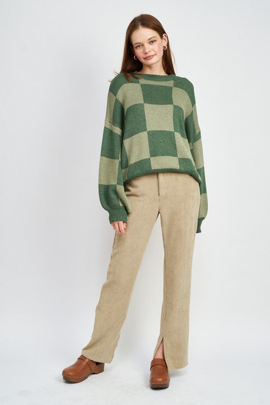 CHECKERED SWEATER WITH BUBBLE SLEEVES - Oh So Boujie