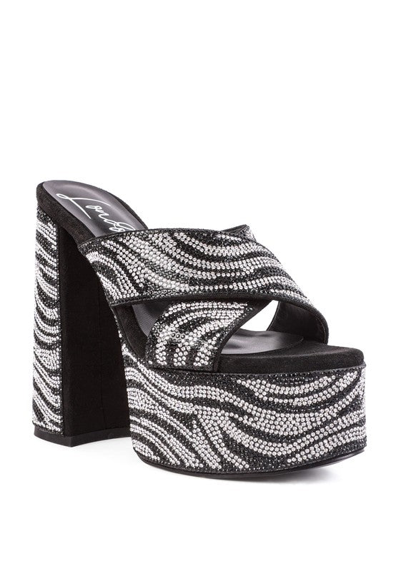 SINFUL HIGH PLATFORM PATTERNED DIAMANTE SLIDES - Oh So Boujie