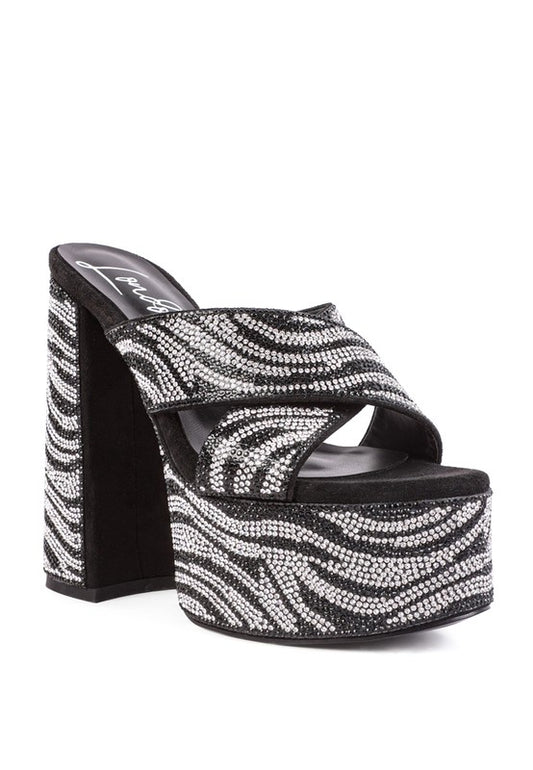 SINFUL HIGH PLATFORM PATTERNED DIAMANTE SLIDES - Oh So Boujie