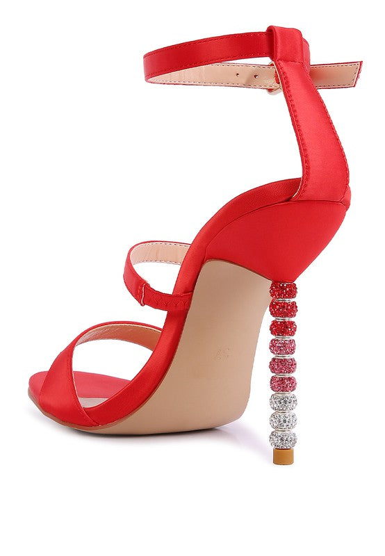 LAWSUIT RHINESTONE BALL HEEL SATIN SANDALS - Oh So Boujie