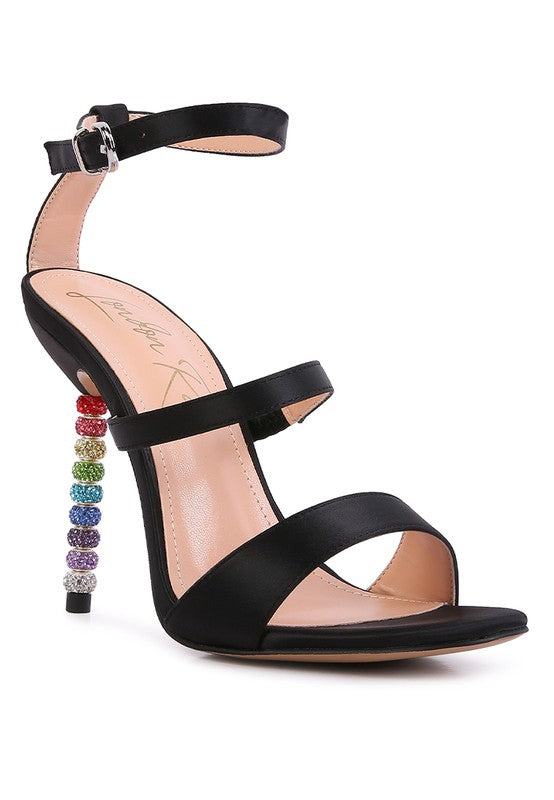 LAWSUIT RHINESTONE BALL HEEL SATIN SANDALS - Oh So Boujie