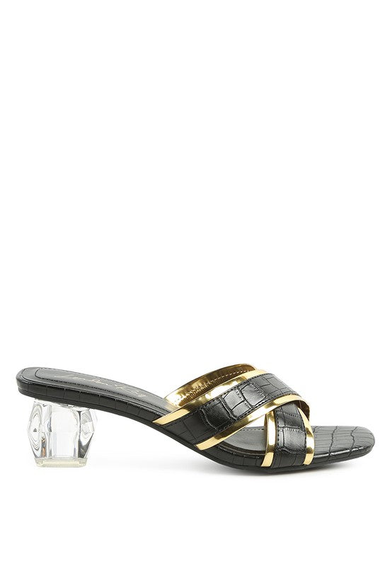 STELLAR GOLD LINE CROC TEXTURED LOW HEEL SANDALS - Oh So Boujie