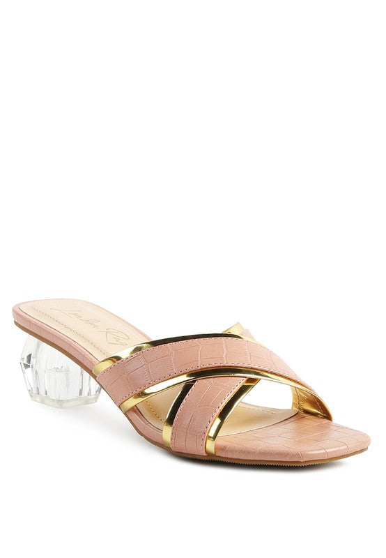 STELLAR GOLD LINE CROC TEXTURED LOW HEEL SANDALS - Oh So Boujie