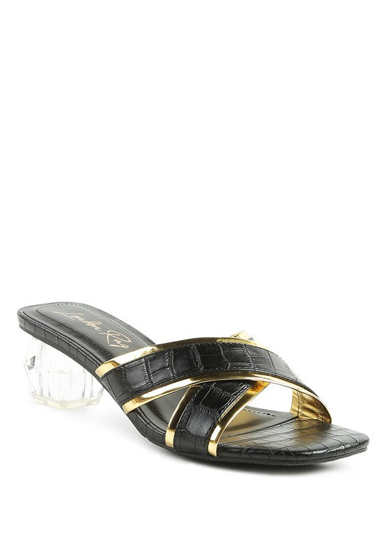 STELLAR GOLD LINE CROC TEXTURED LOW HEEL SANDALS - Oh So Boujie