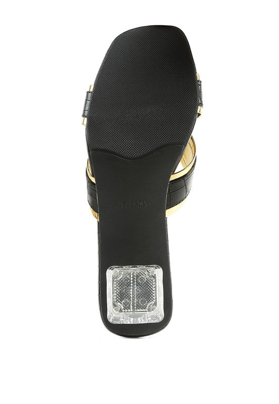 STELLAR GOLD LINE CROC TEXTURED LOW HEEL SANDALS - Oh So Boujie