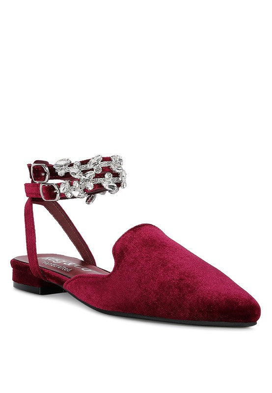 SALOME Burgundy Velvet Luxe Jewelled Flat Mules - Oh So Boujie