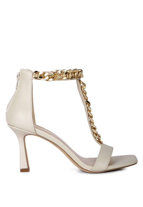 Real Gem Mid Heel Chain Detail T-strap Sandal - Oh So Boujie