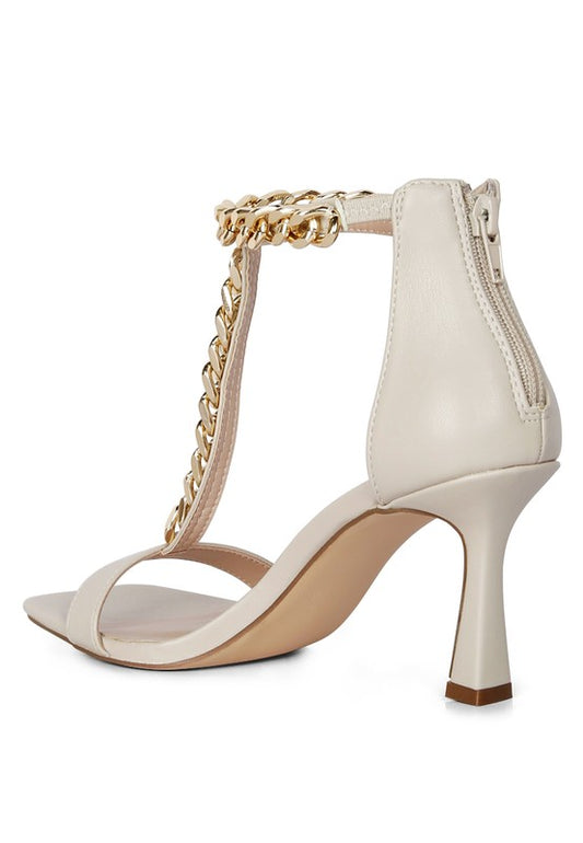 Real Gem Mid Heel Chain Detail T-strap Sandal - Oh So Boujie