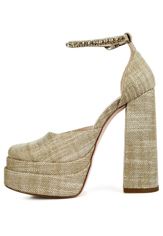 Cosette Embellished Ankle Strap High Block Heel - Oh So Boujie