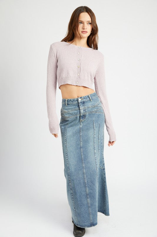 FLUTED DENIM MAXI SKIRT - Oh So Boujie