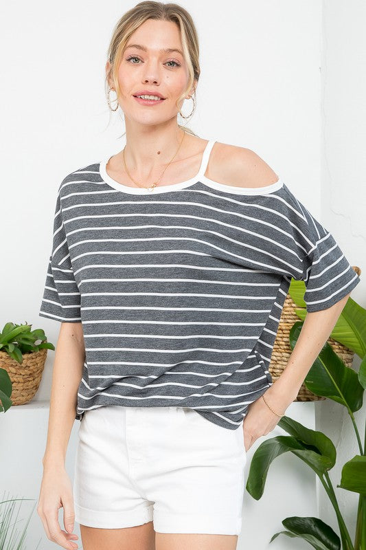 STRIPE OPEN SHOULDER CASUAL TOP - Oh So Boujie