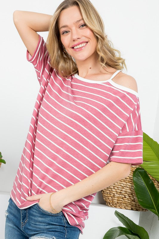 STRIPE OPEN SHOULDER CASUAL TOP - Oh So Boujie