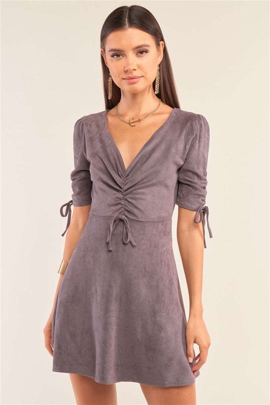 Charcoal Grey Suede Deep Plunge V-neck Gathered Detail Tight Fit Mini Dress - Oh So Boujie