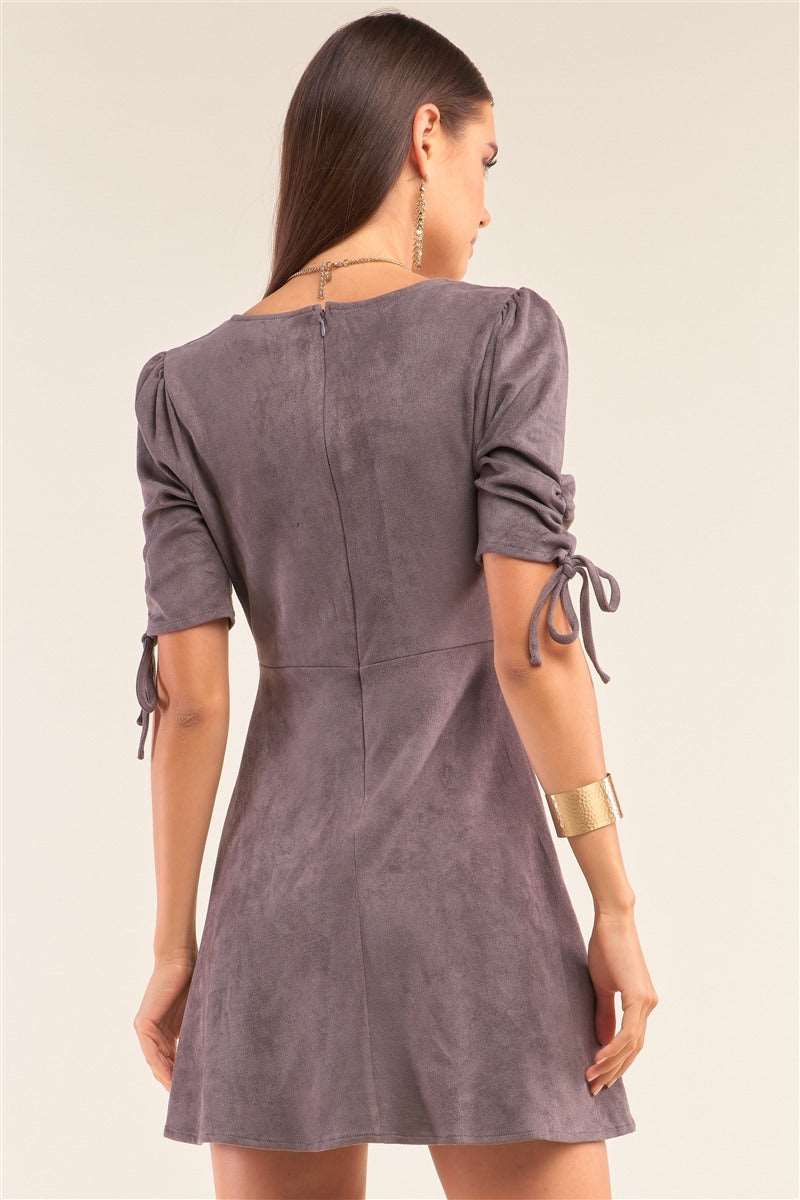 Charcoal Grey Suede Deep Plunge V-neck Gathered Detail Tight Fit Mini Dress - Oh So Boujie