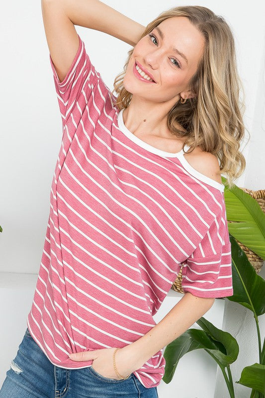 STRIPE OPEN SHOULDER CASUAL TOP - Oh So Boujie