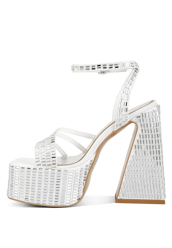 Lustrous Mirror Embellished Flare Heel Sandals - Oh So Boujie