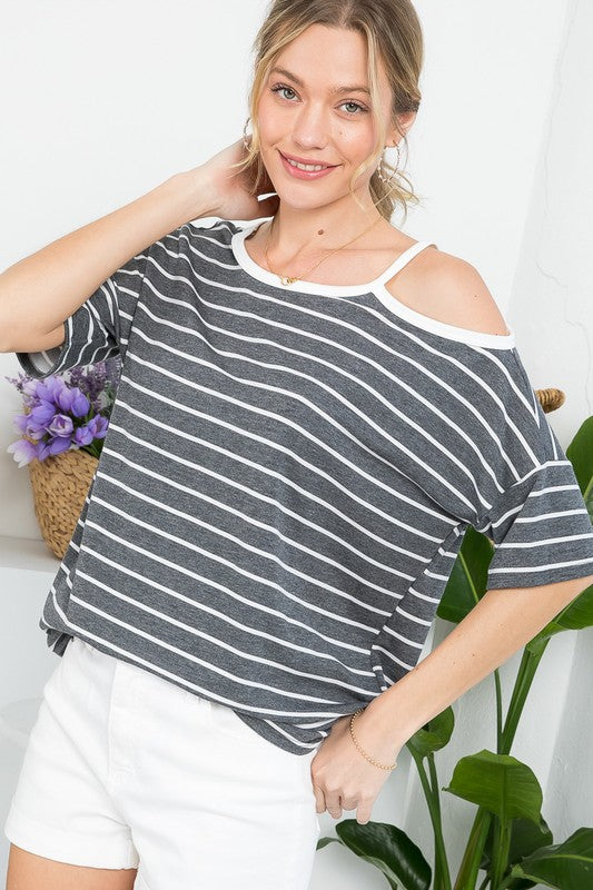 STRIPE OPEN SHOULDER CASUAL TOP - Oh So Boujie