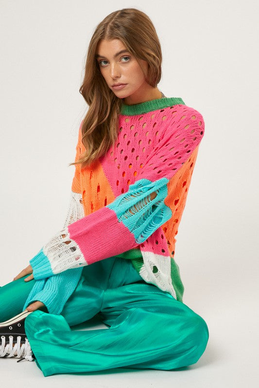 COLOR BLOCK DISTRESSED DETAIL PULLOVER SWEATER - Oh So Boujie