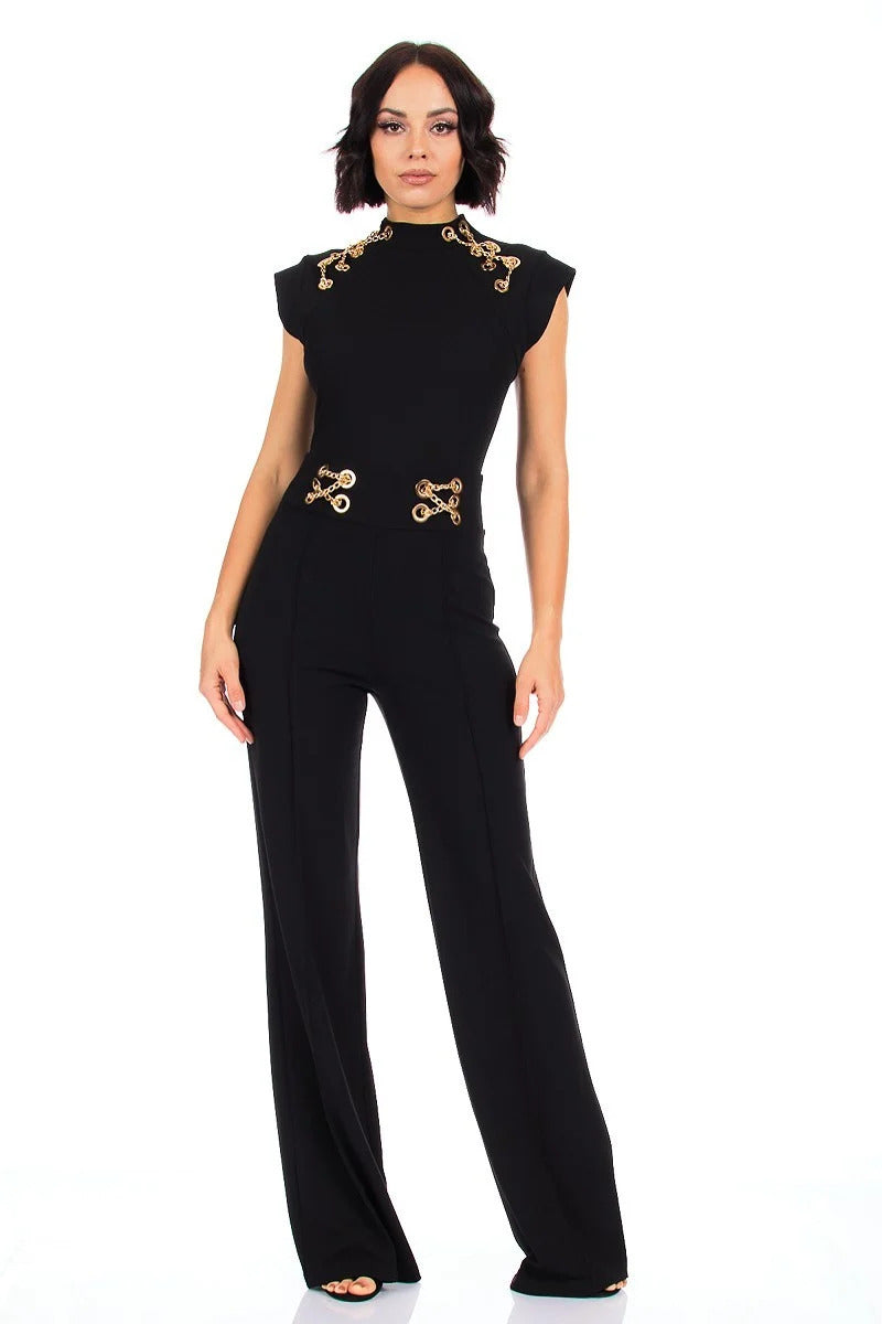 Eyelet With Chain Deatiled Fashion Jumpsuit - Oh So Boujie