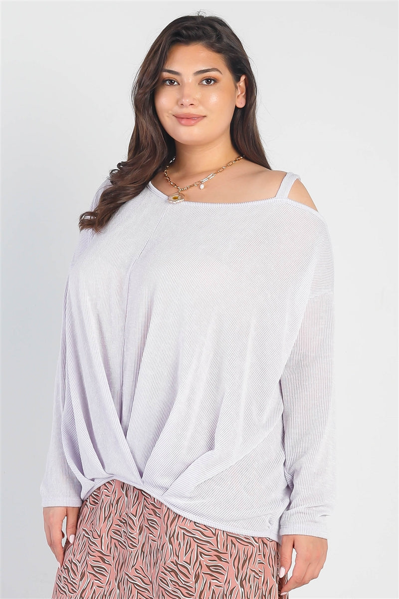 Plus Lavender Ribbed Cold Shoulder Hem Draped Detail Top - Oh So Boujie