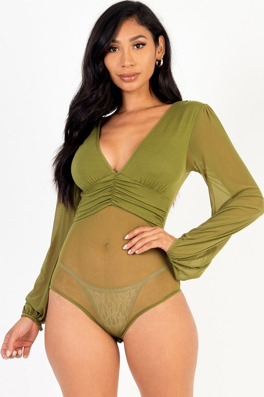 Mesh long sleeve deep v-neck bodysuit - Oh So Boujie