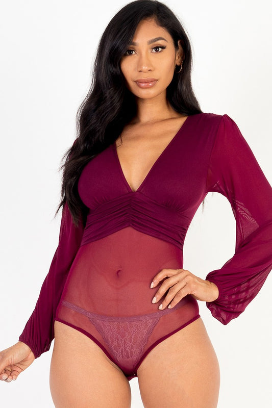 Mesh long sleeve deep v-neck bodysuit - Oh So Boujie