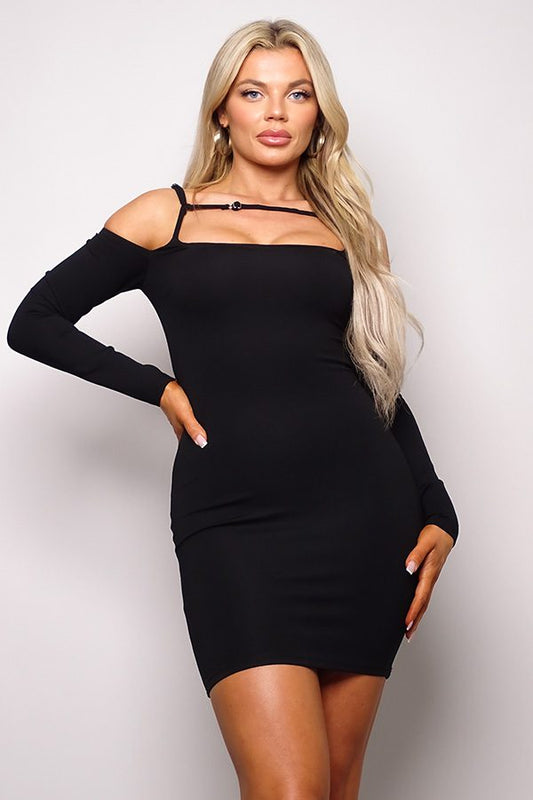 Long Sleeve Cuff Front Strap Mini Dress - Oh So Boujie