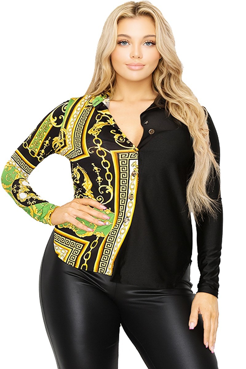 Plus Long Sleeve Gold Chain Print Shrit - Oh So Boujie