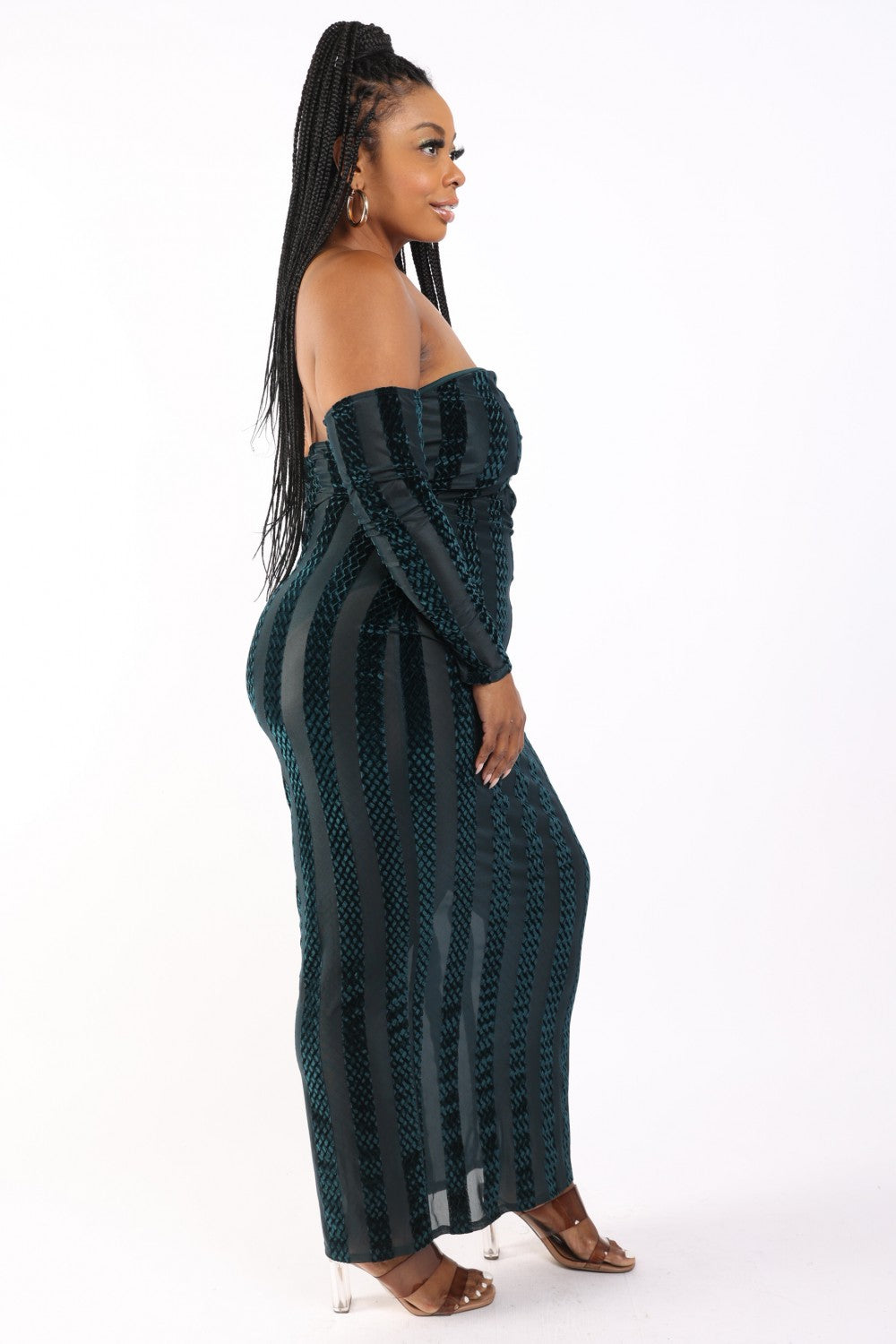 Striped Velvet Off Shoulder Dress - Oh So Boujie